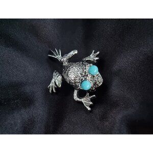 Vintage EMMONS Signed Silver Frog Faux Turquoise Eyes Brooch Pin